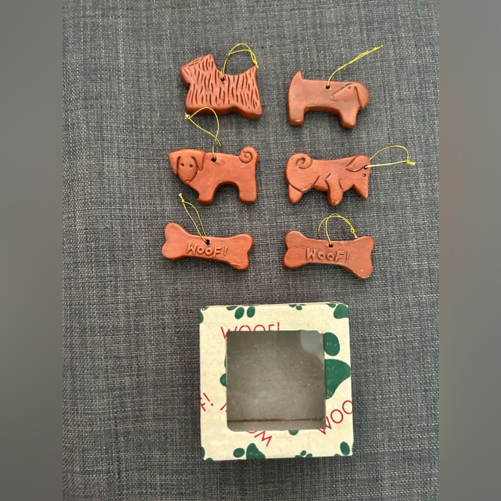 Handcrafted terracotta dog-theme ornament set with original box